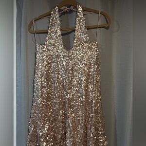 Pink sequin halter dress